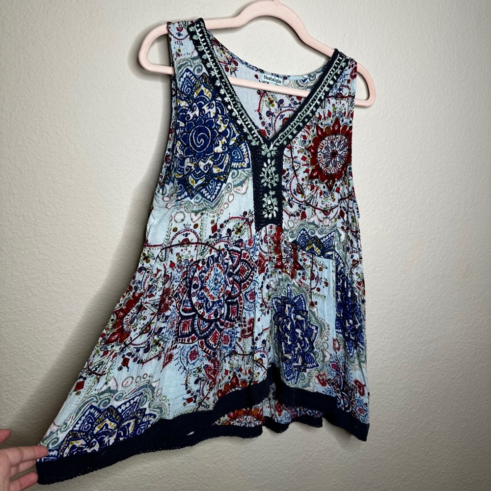 Nostalgia Womens XL Boho Mandala Paisley Crochet Trim V-Neck Rayon Tank Top Blue
